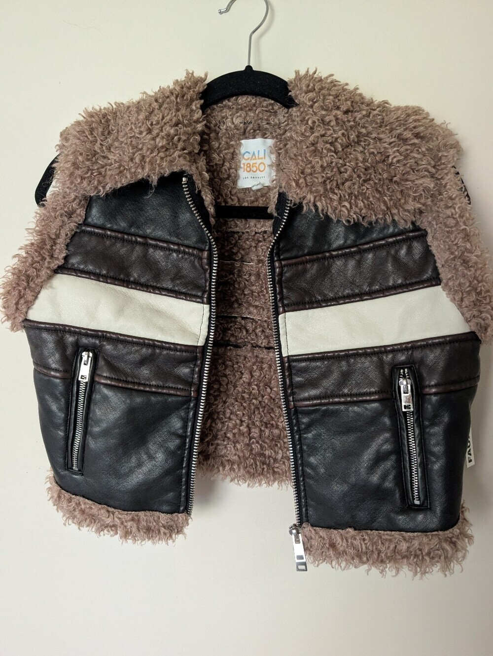 NWOT Cal1850 Faux Fur Trim Leather Vest with Cream Stripe - Picture 5 of 8